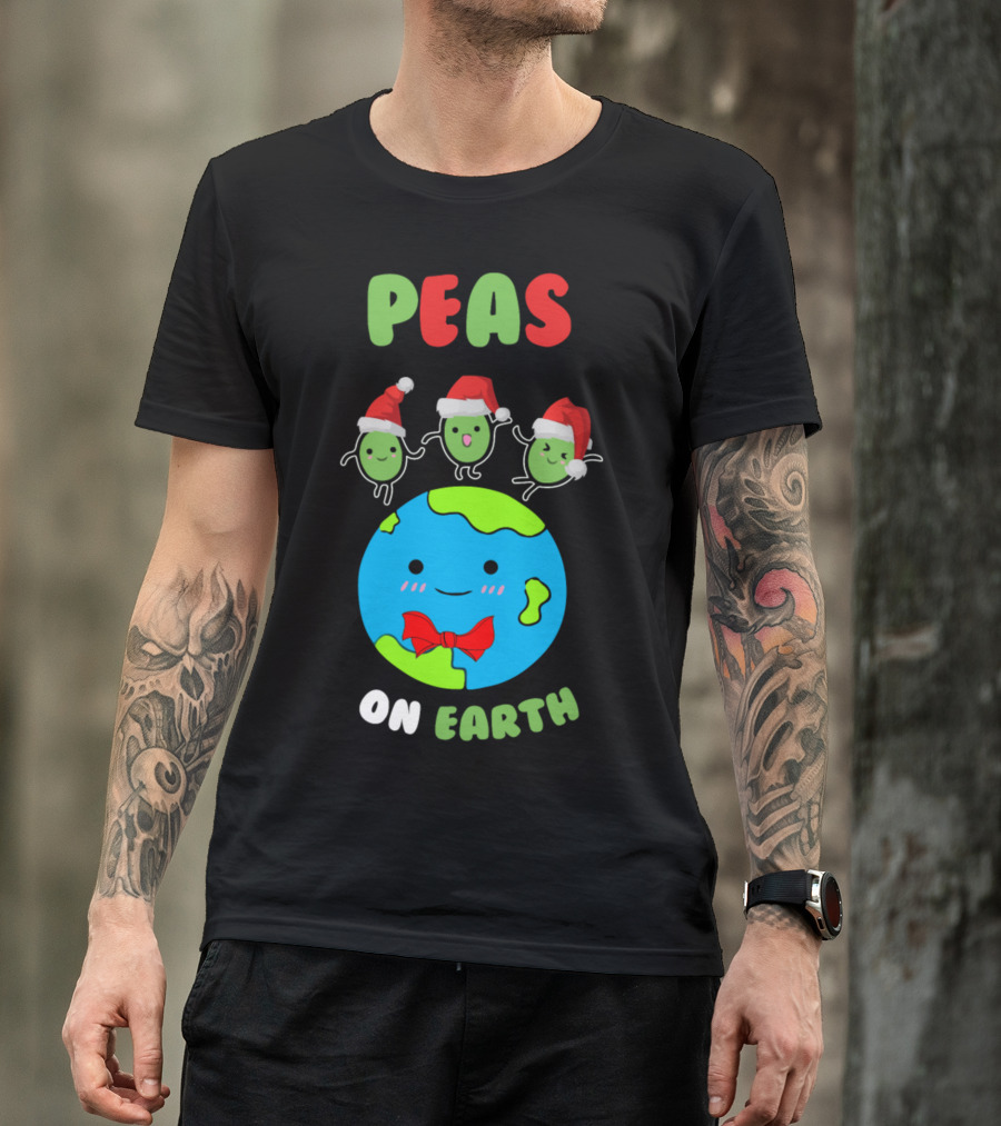 PEAS ON EARTH Christmas Festive Green Globe Santa Hats T-Shirt