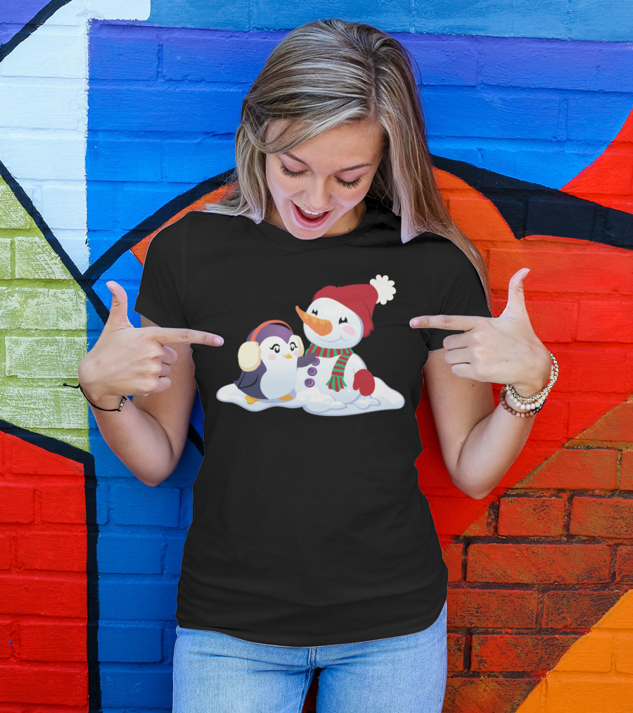 Penguin And Snowman Cozy Winter Companions In Snowy Scene T-Shirt