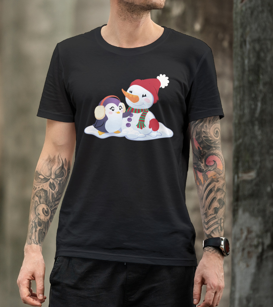 Penguin And Snowman Cozy Winter Companions In Snowy Scene T-Shirt