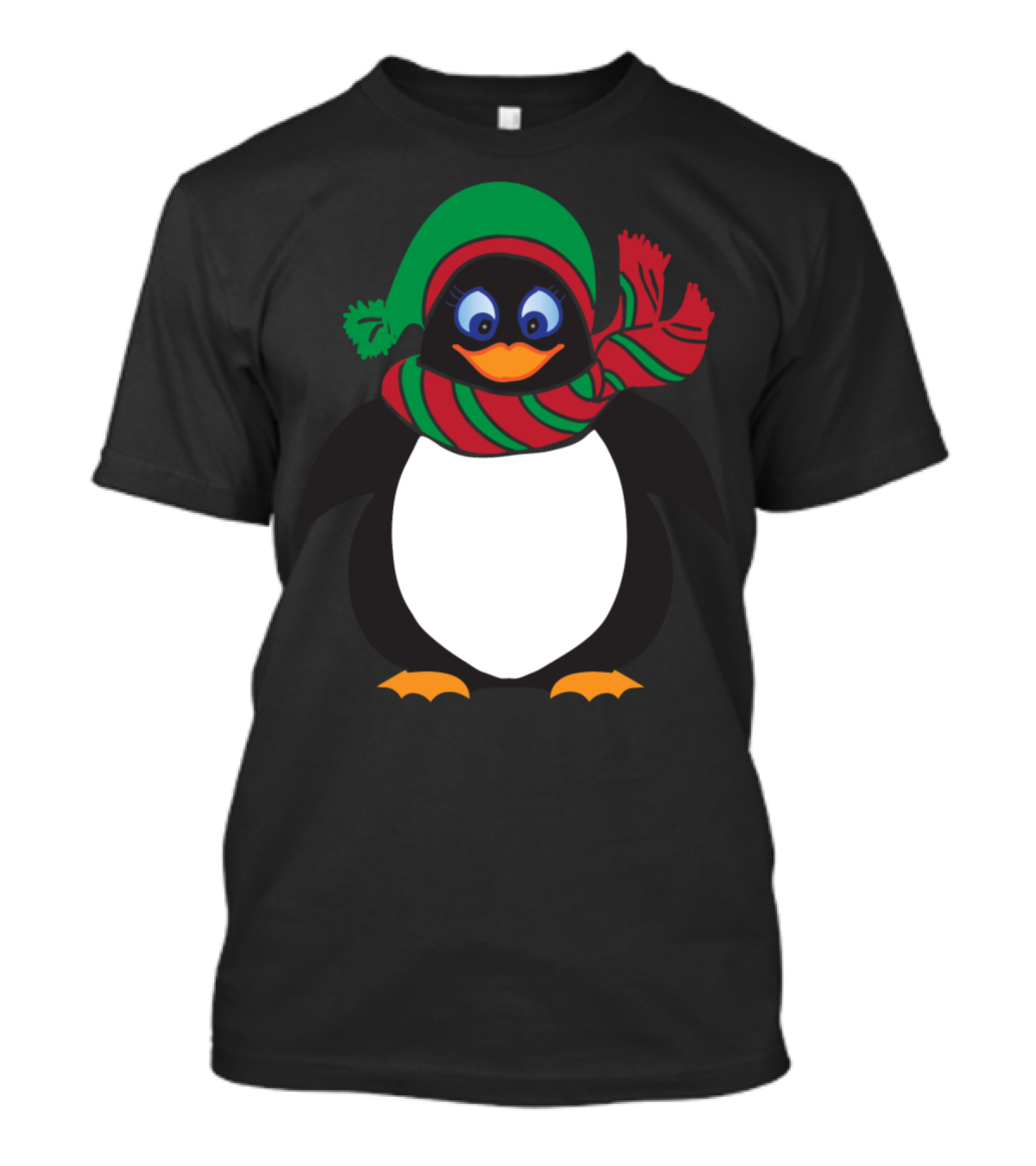 Penguin In Festive Green Hat And Red Striped Scarf T-Shirt