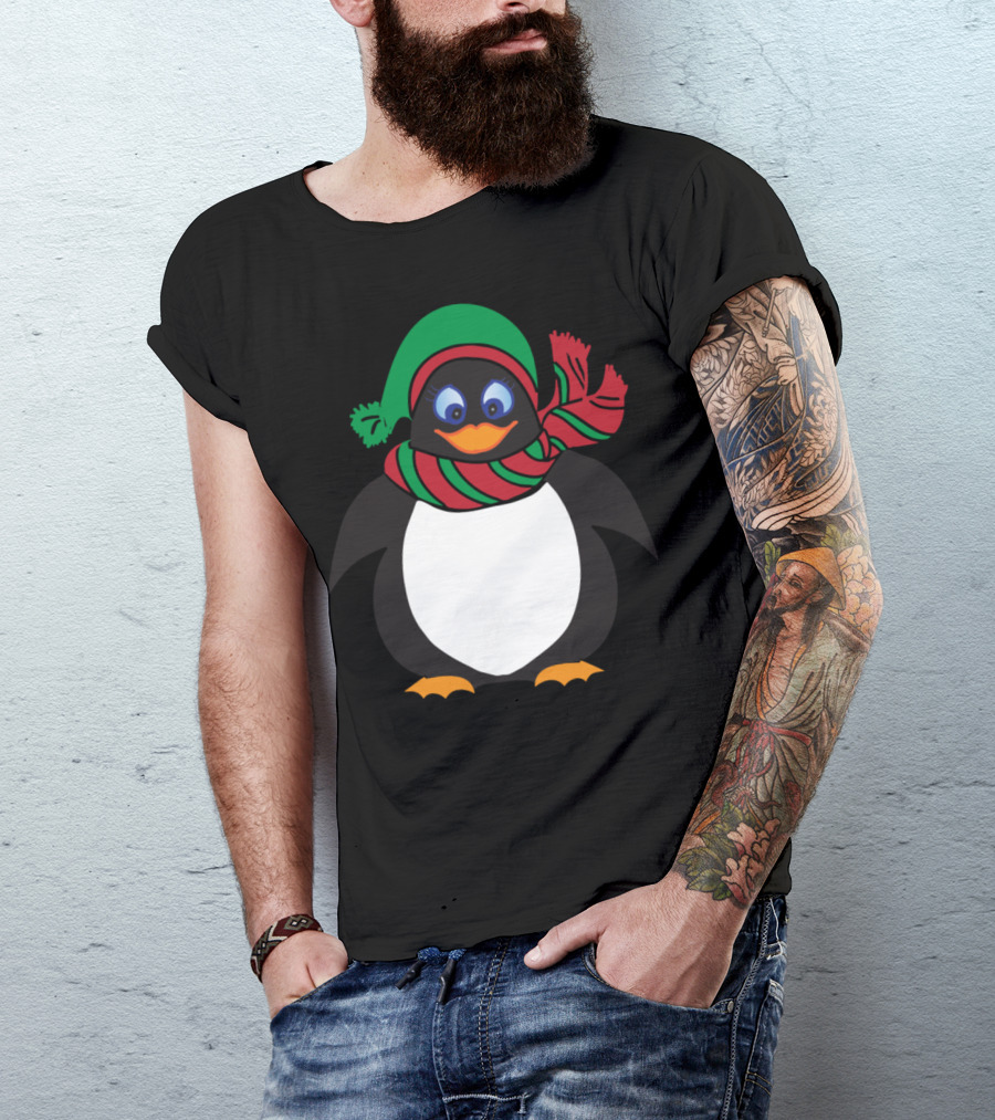 Penguin In Festive Green Hat And Red Striped Scarf T-Shirt