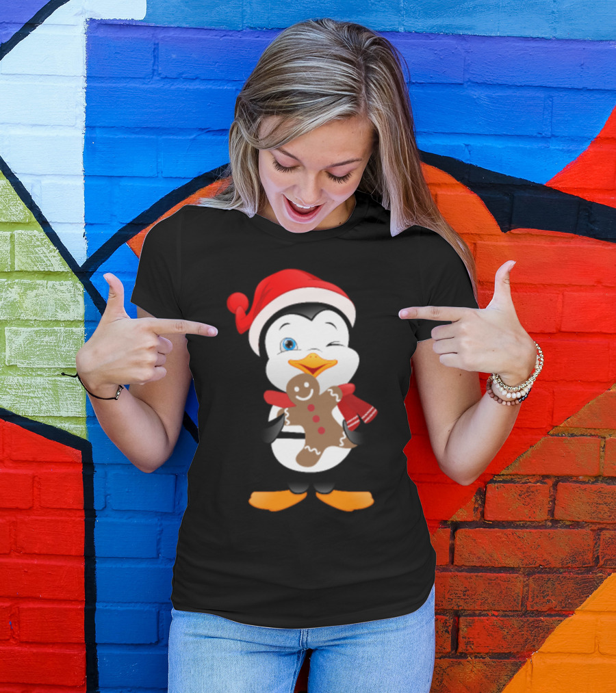 Penguin Santa Hat Gingerbread Cookie T-Shirt