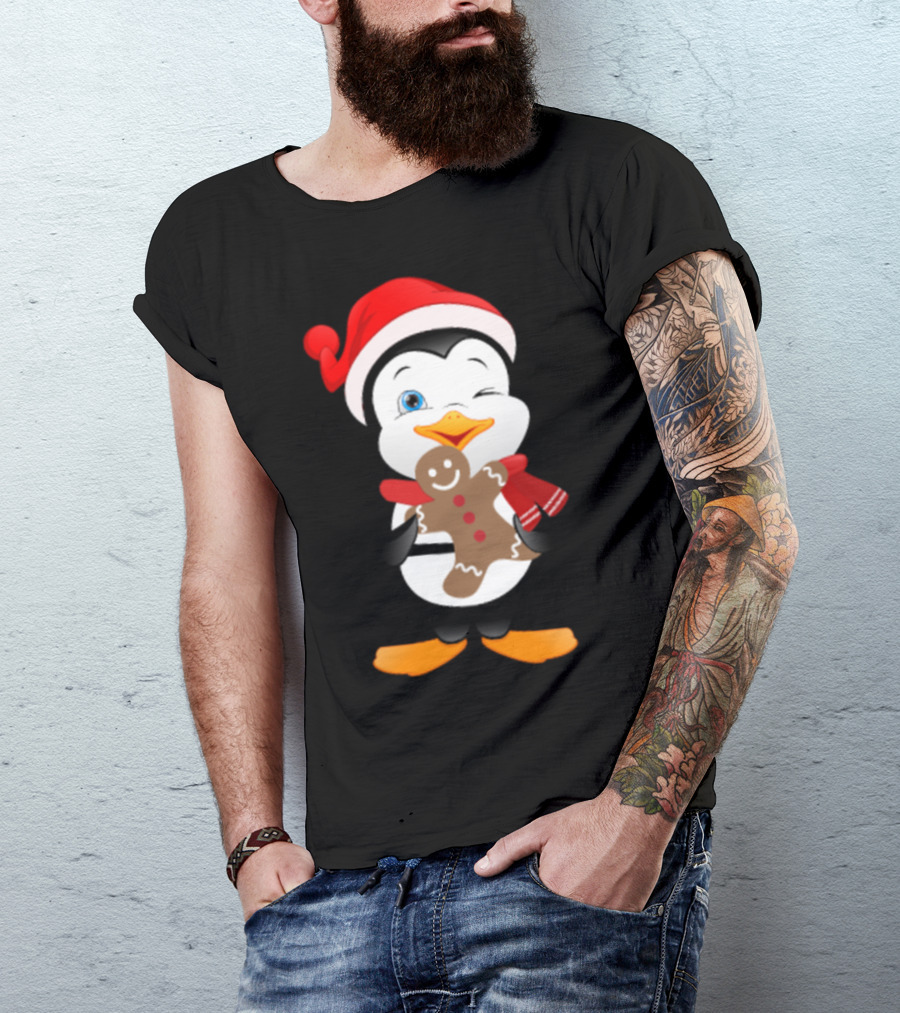 Penguin Santa Hat Gingerbread Cookie T-Shirt