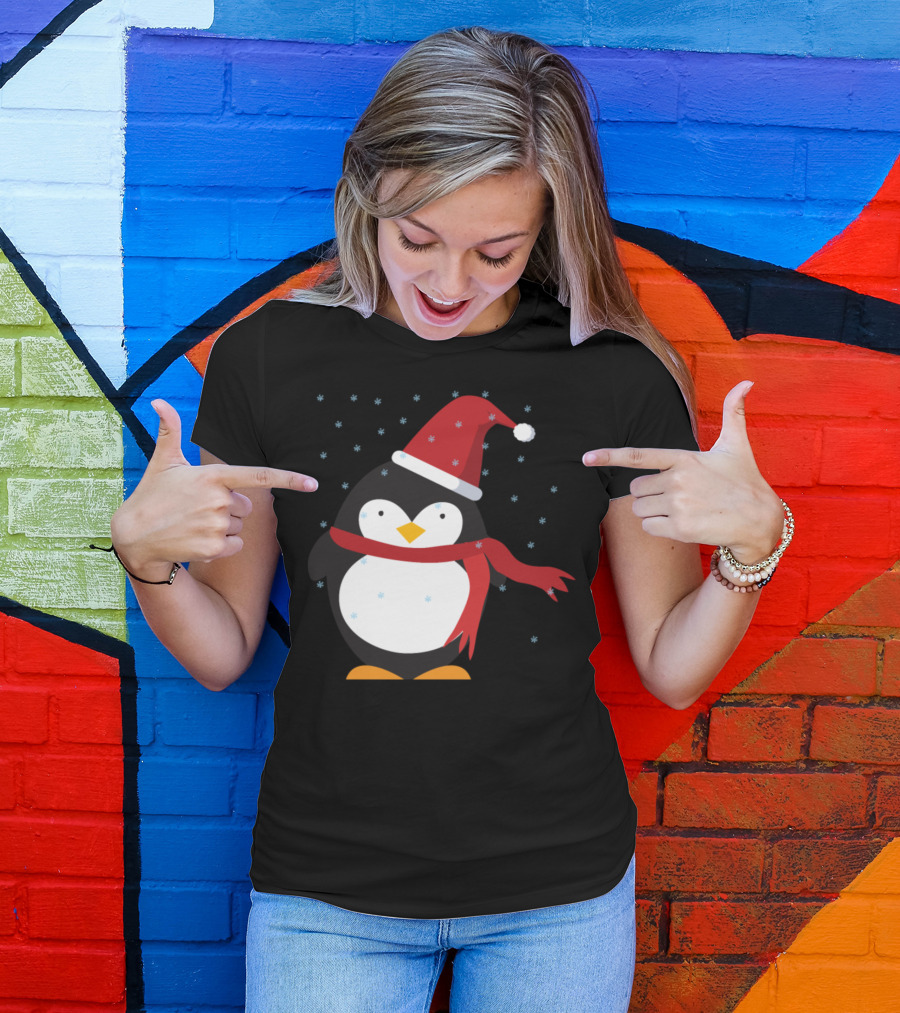 Penguin In Red Snow Hat And Scarf With Falling Snowflakes T-Shirt