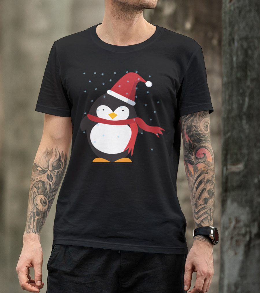 Penguin In Red Snow Hat And Scarf With Falling Snowflakes T-Shirt