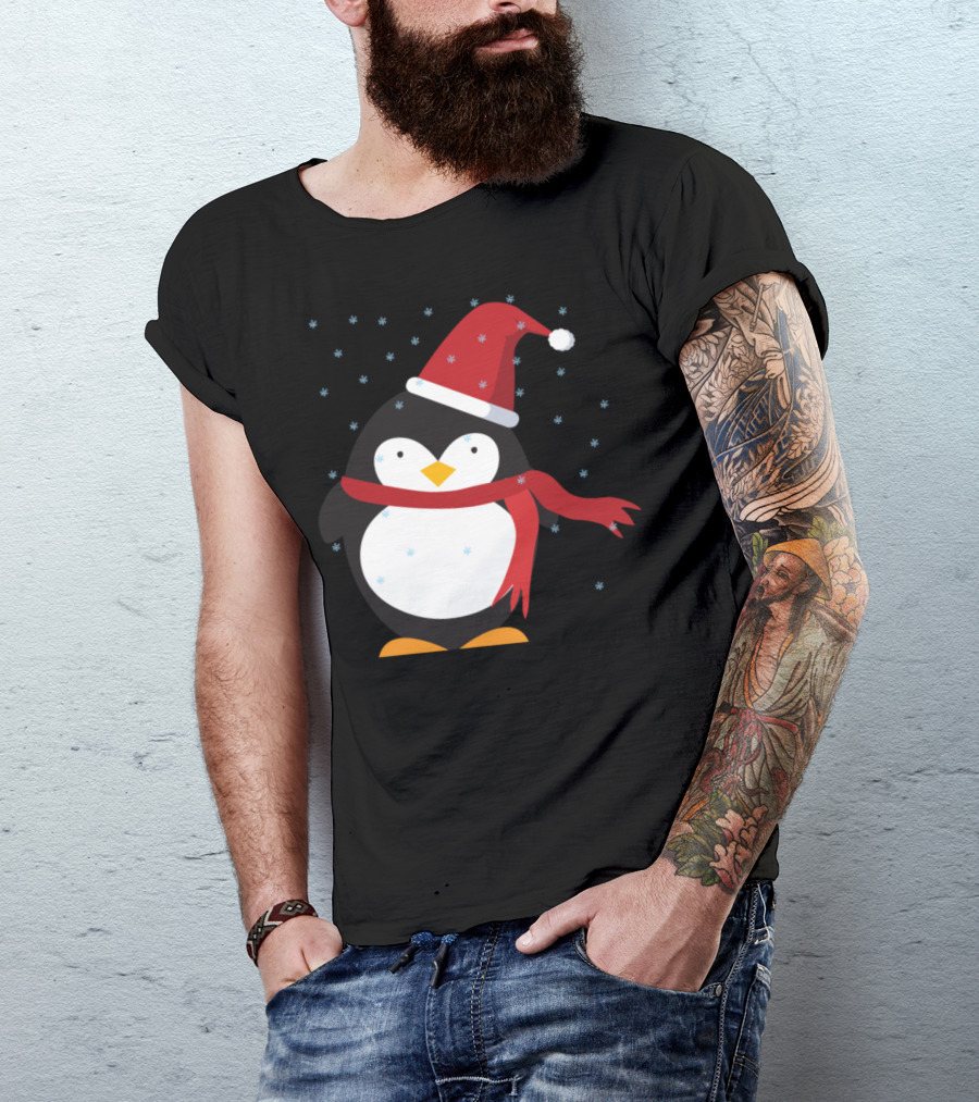 Penguin In Red Snow Hat And Scarf With Falling Snowflakes T-Shirt