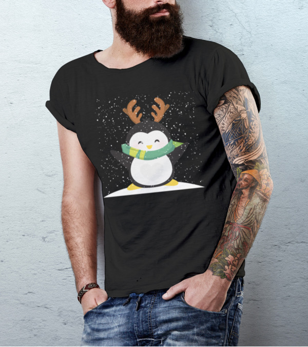 Penguin With Antlers And Scarf In Snow I Merry T-Shirt