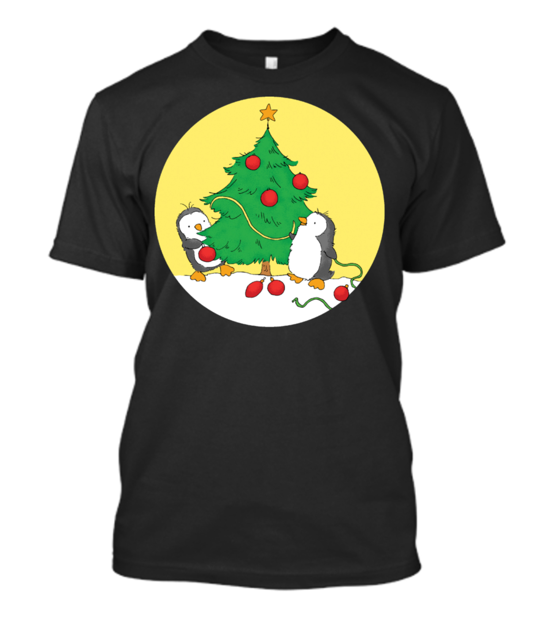 Penguins Decorating Christmas Tree With Red Ornaments And Yellow Star T-Shirt