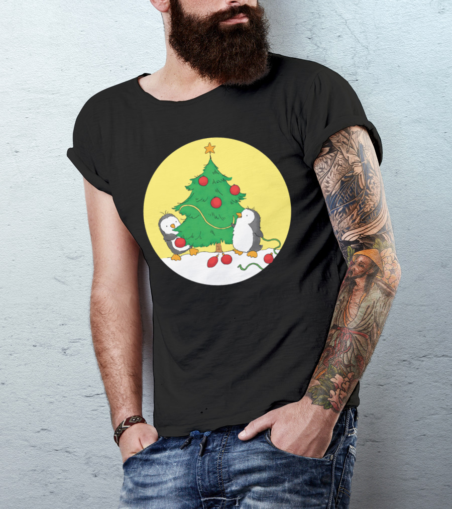 Penguins Decorating Christmas Tree With Red Ornaments And Yellow Star T-Shirt