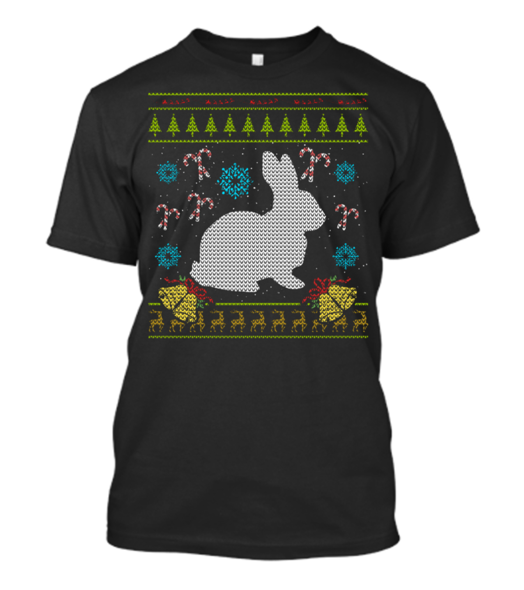 Pet Rabbit Christmas Sweater Design With Candy Canes And Snowflakes T-Shirt