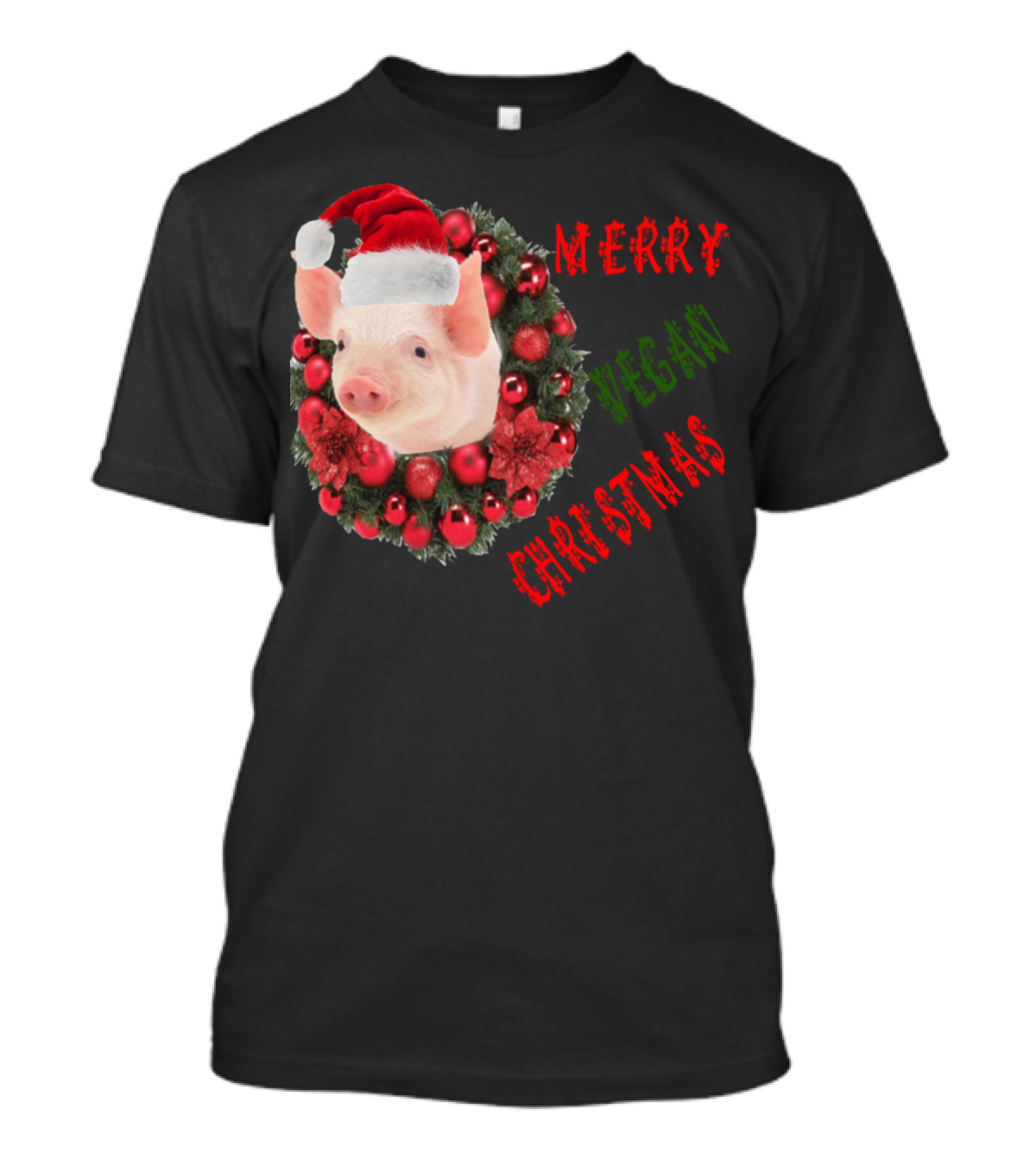 Merry Vegan Christmas Pig With Santa Hat And Festive Wreath T-Shirt