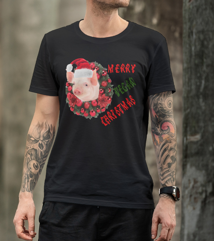 Merry Vegan Christmas Pig With Santa Hat And Festive Wreath T-Shirt