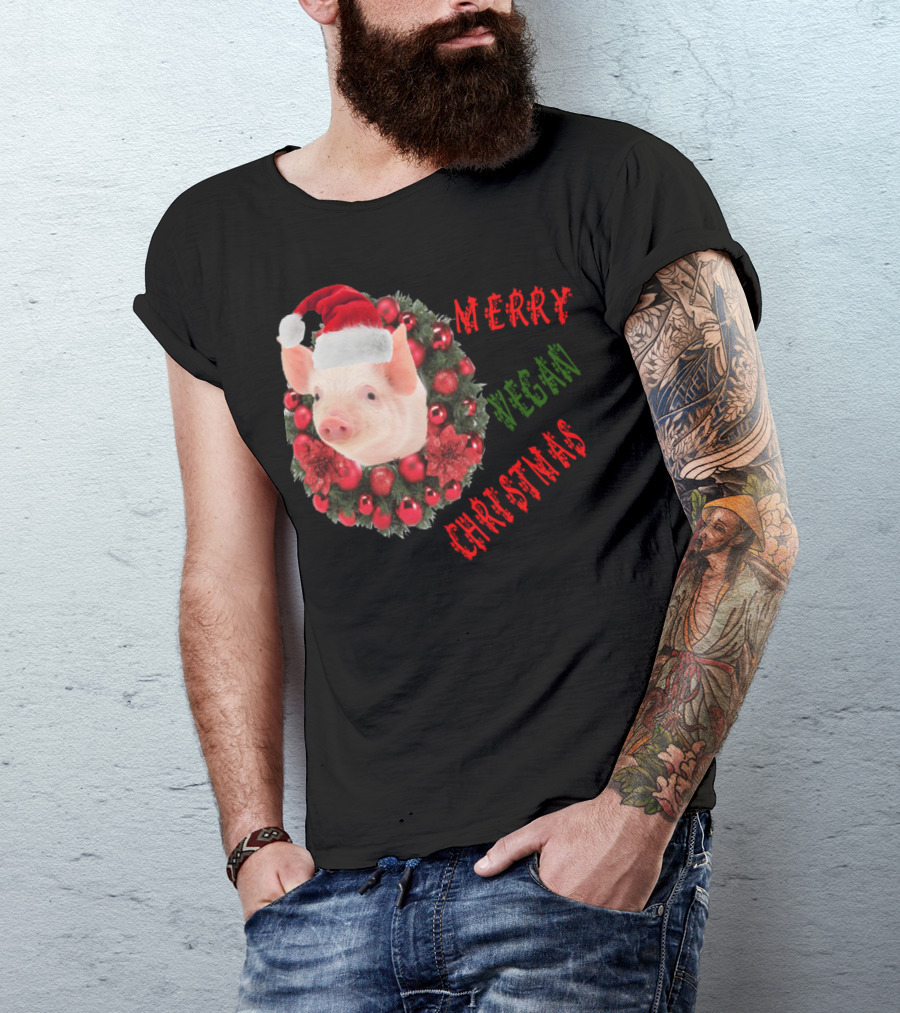 Merry Vegan Christmas Pig With Santa Hat And Festive Wreath T-Shirt