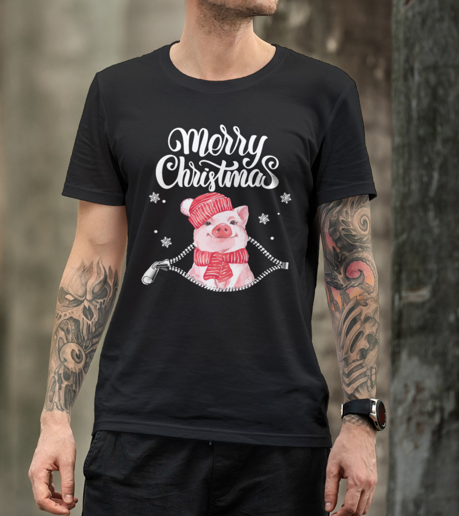 Merry Christmas Pig In Winter Hat And Scarf T-Shirt