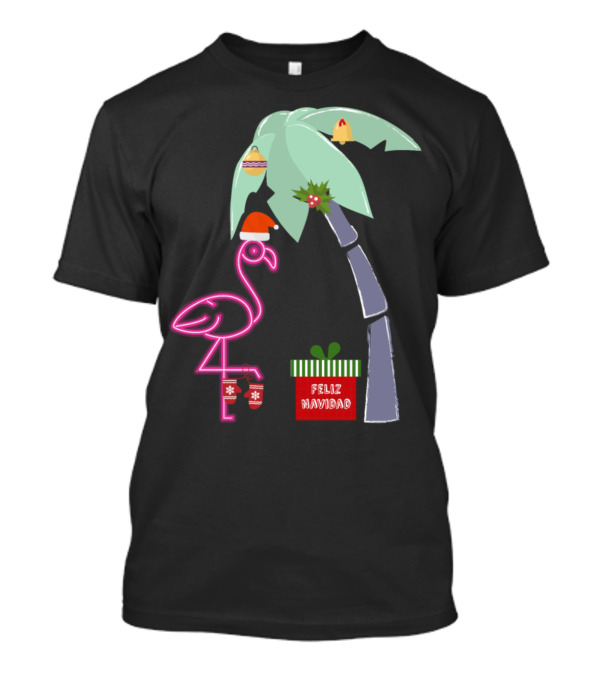 Feliz Navidad Pink Christmas Flamingo With Santa Hat And Holiday Palm Tree T-Shirt