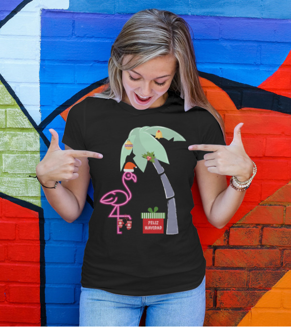 Feliz Navidad Pink Christmas Flamingo With Santa Hat And Holiday Palm Tree T-Shirt