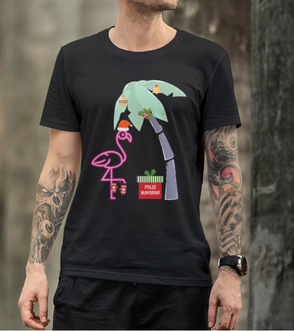 Feliz Navidad Pink Christmas Flamingo With Santa Hat And Holiday Palm Tree T-Shirt