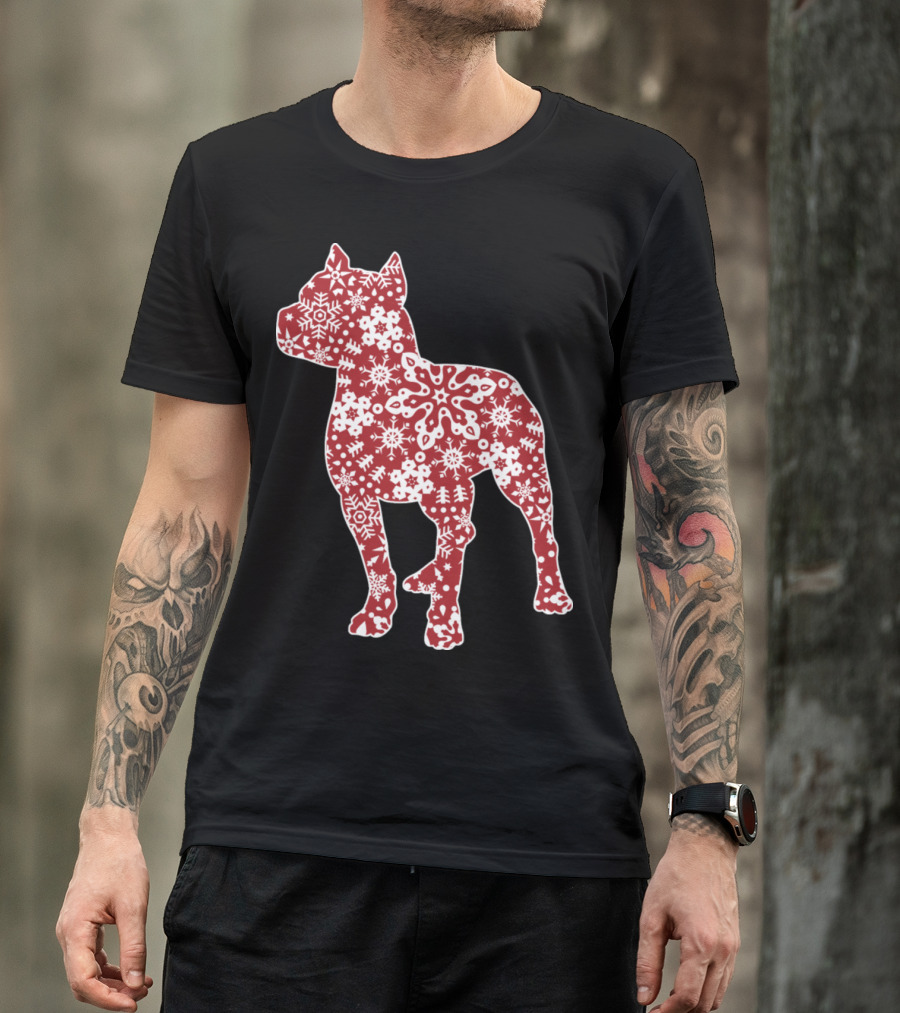 Pitbull Dog Silhouette With Christmas Snowflakes T-Shirt