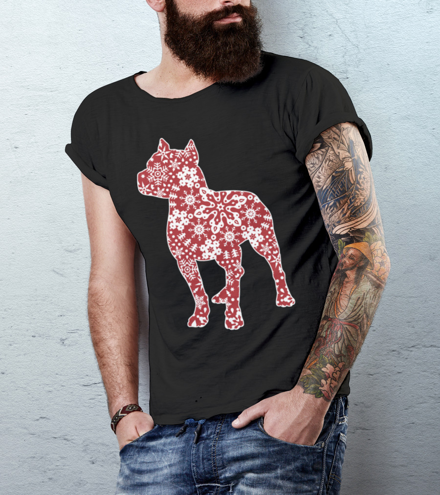 Pitbull Dog Silhouette With Christmas Snowflakes T-Shirt