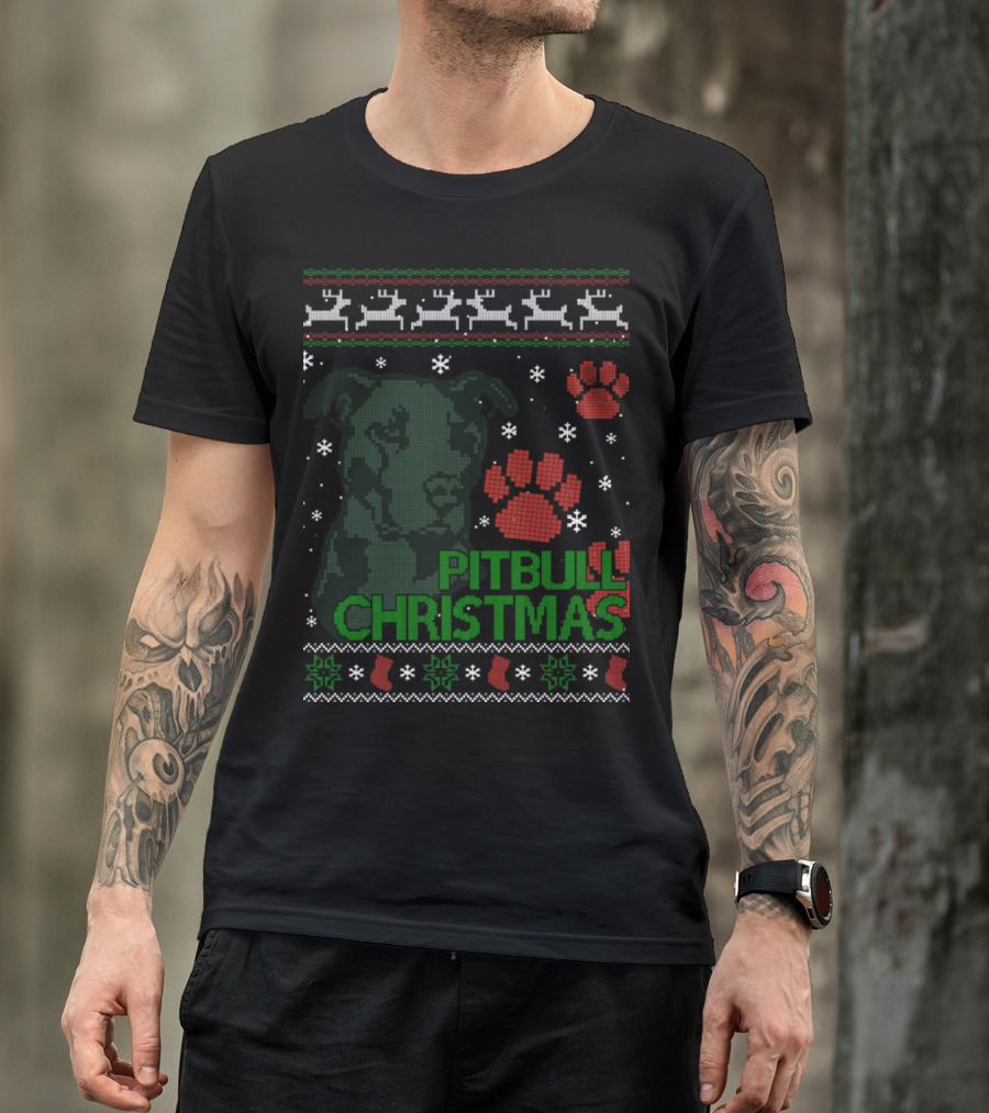 Pitbull Christmas Sweater Reindeer Paw Prints T-Shirt