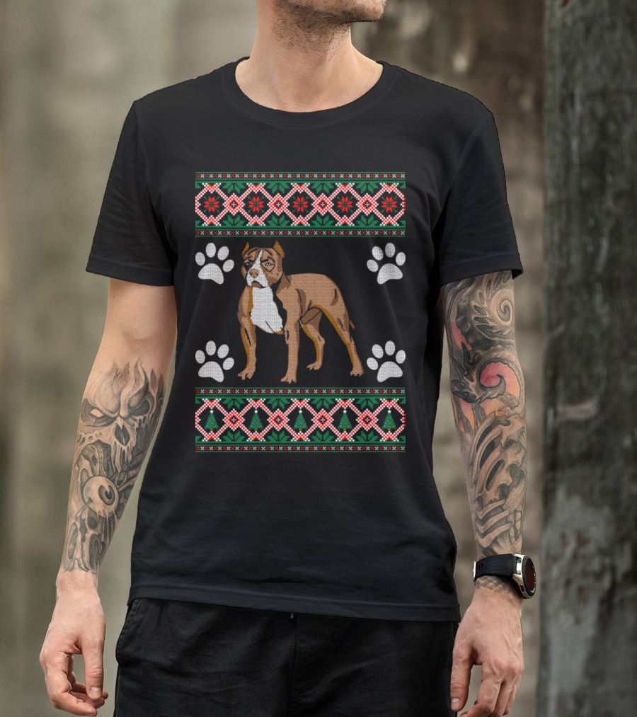 Pitbull Christmas Dog Paw Prints T-Shirt
