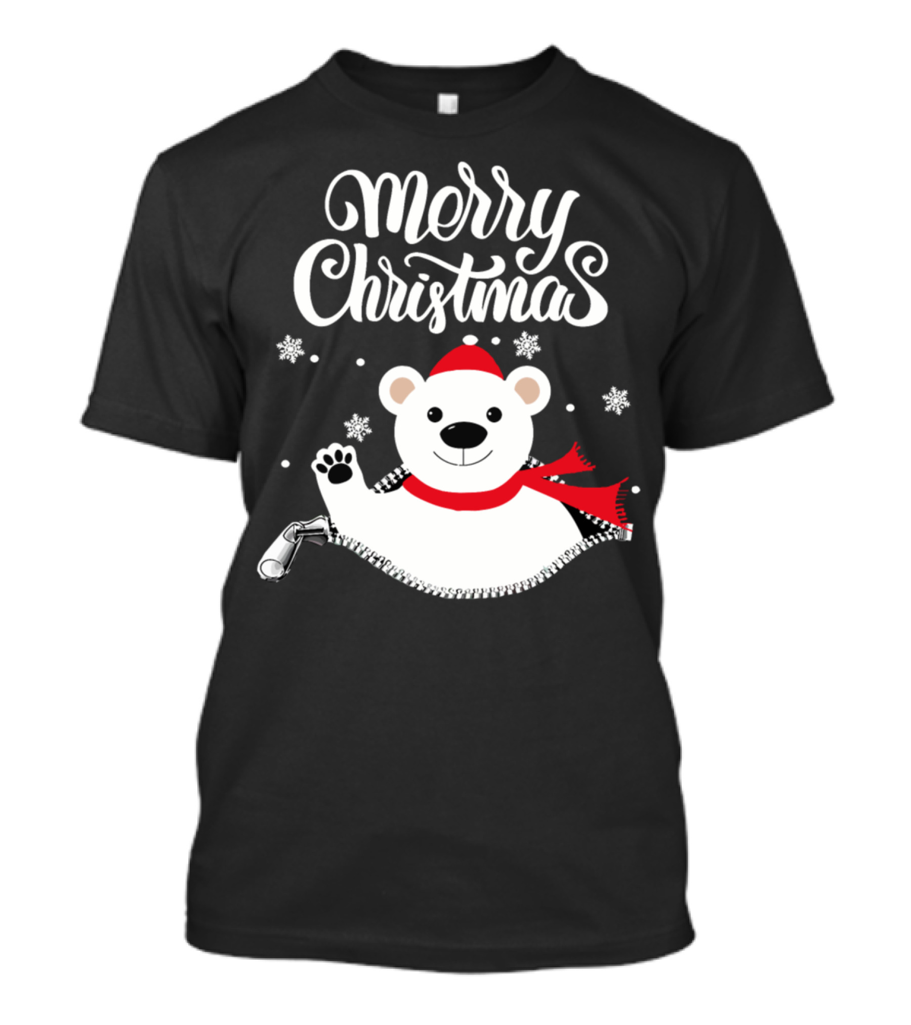 Merry Christmas Polar Bear Santa With Snowflakes And Zipper T-Shirt