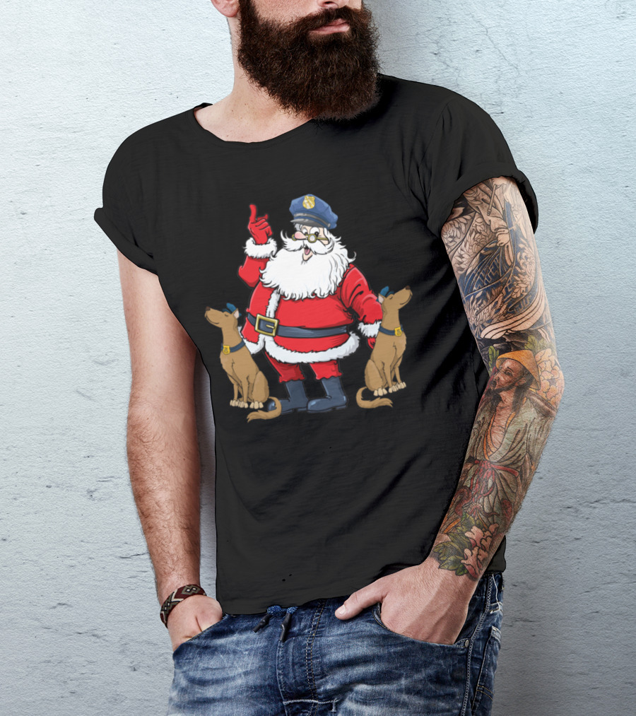 Police Santa With K9 Reindeer Christmas For Police T-Shirt