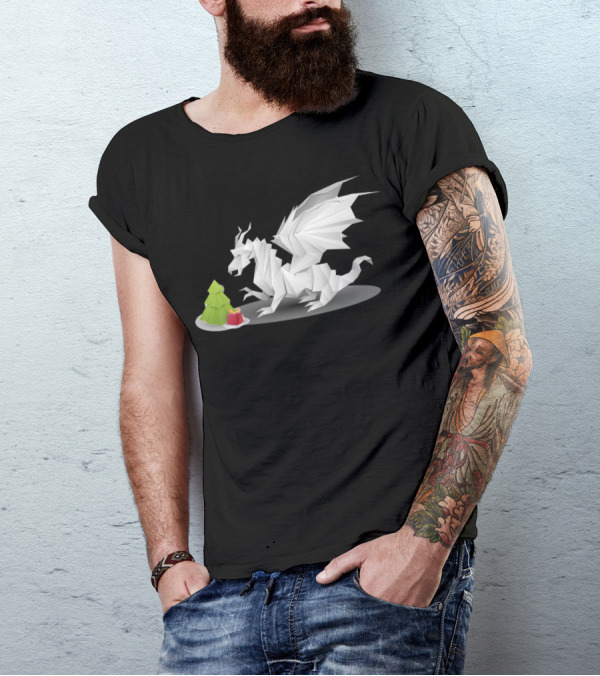 Polygon Dragon With Christmas Tree And Red Present T-Shirt