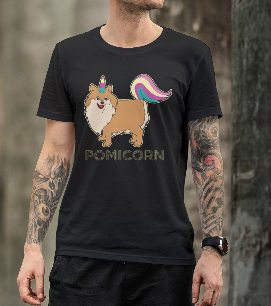 Pomicorn Fluffy Dog With Unicorn Horn And Rainbow Tail T-Shirt