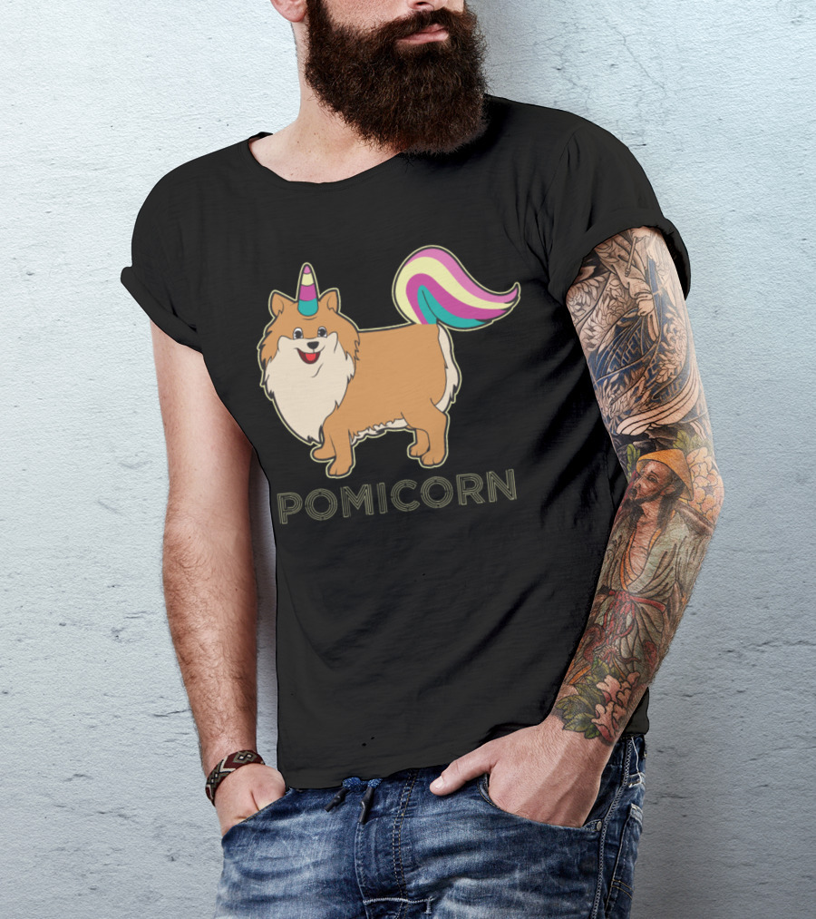 Pomicorn Fluffy Dog With Unicorn Horn And Rainbow Tail T-Shirt