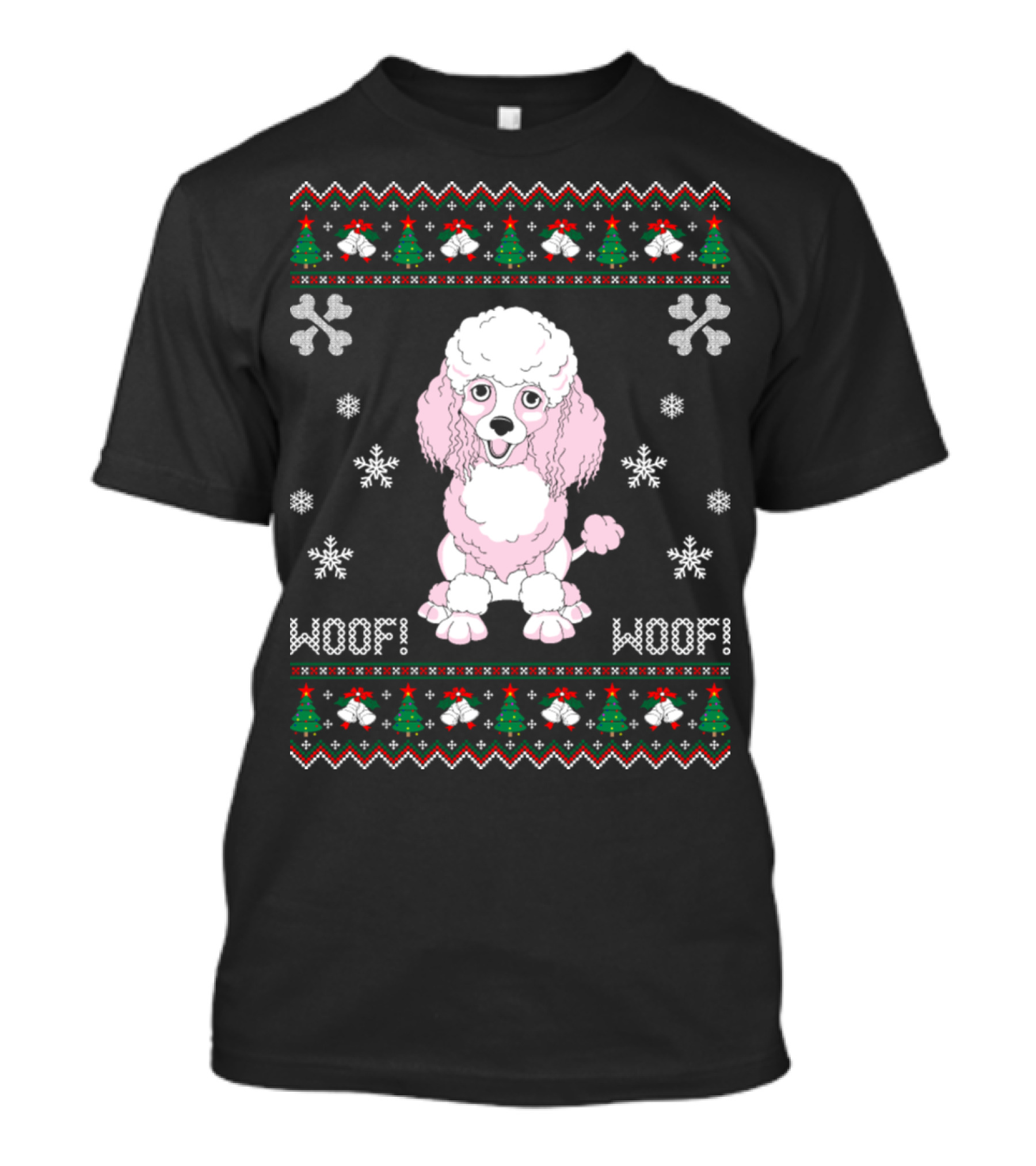 Poodke Woof Woof Christmas Sweater Snowflakes And Bones T-Shirt