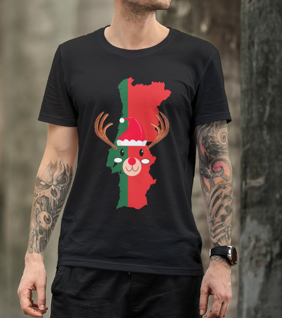 Portugal Map Christmas Reindeer Hat Antler Red Nose T-Shirt