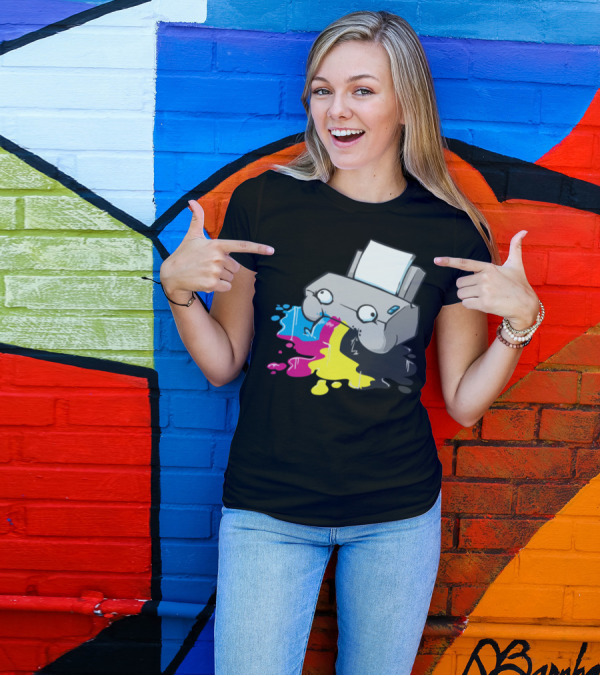 Printer Ink Spill Cartoon Cyan Magenta Yellow Black T-Shirt