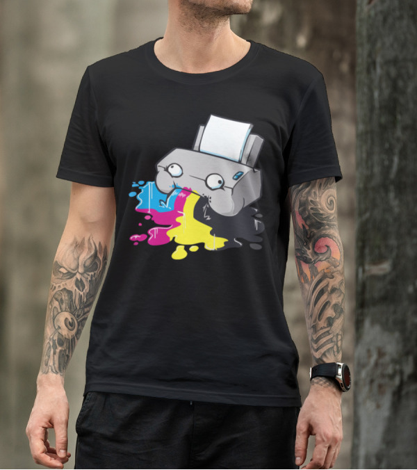 Printer Ink Spill Cartoon Cyan Magenta Yellow Black T-Shirt