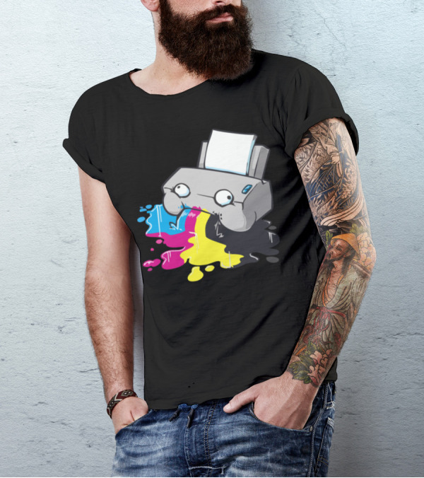 Printer Ink Spill Cartoon Cyan Magenta Yellow Black T-Shirt