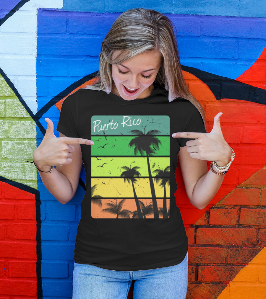 Puerto Rico Palm Trees Tropical Sunset Vintage Stripes T-Shirt
