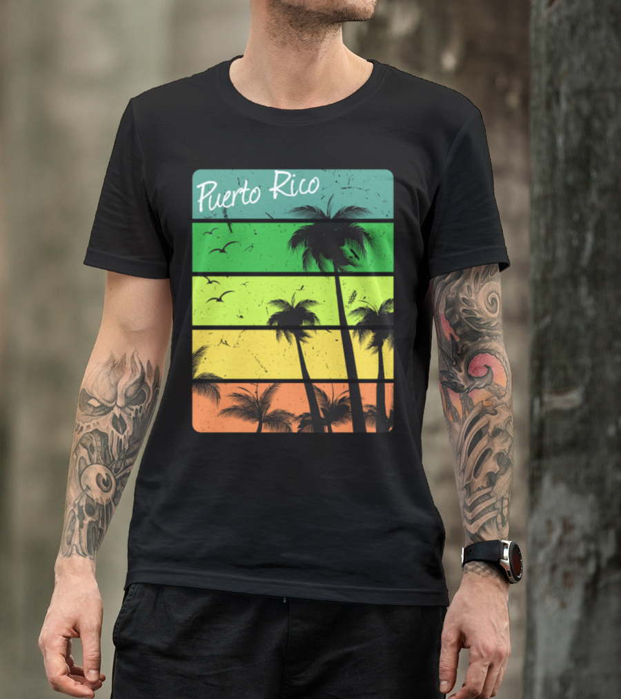 Puerto Rico Palm Trees Tropical Sunset Vintage Stripes T-Shirt