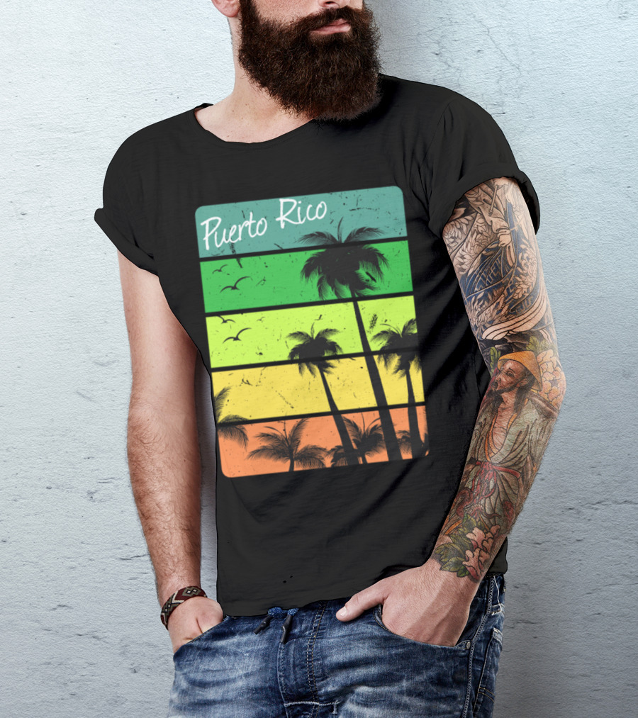 Puerto Rico Palm Trees Tropical Sunset Vintage Stripes T-Shirt
