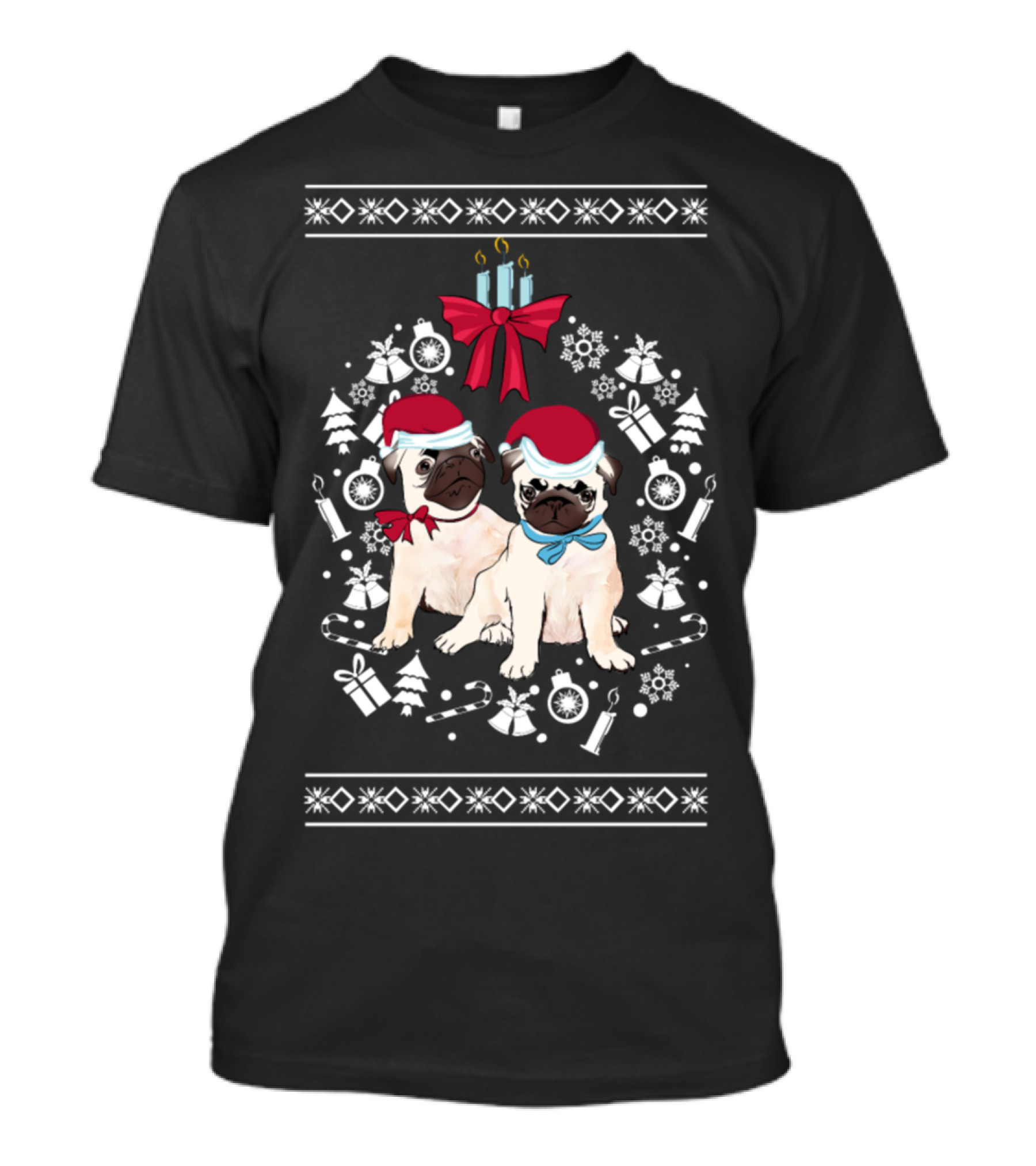 Pug Christmas Love Festive Santa Hats Candles And Snowflakes T-Shirt