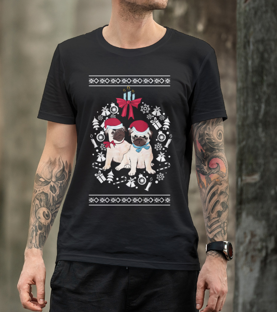 Pug Christmas Love Festive Santa Hats Candles And Snowflakes T-Shirt