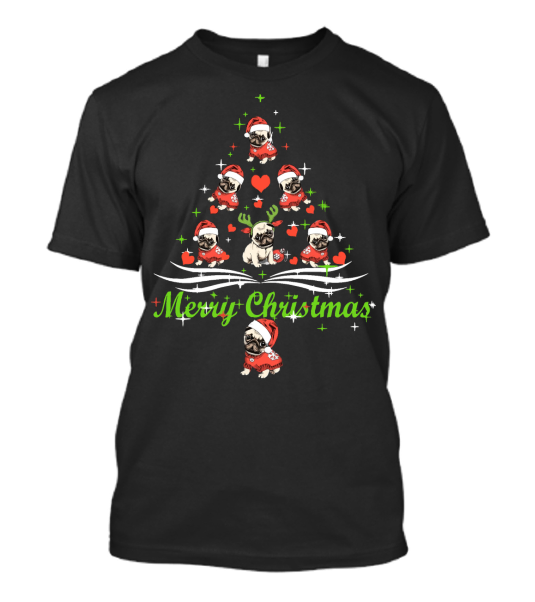 Merry Christmas Pug Reindeer Santa Hat Christmas Tree T-Shirt