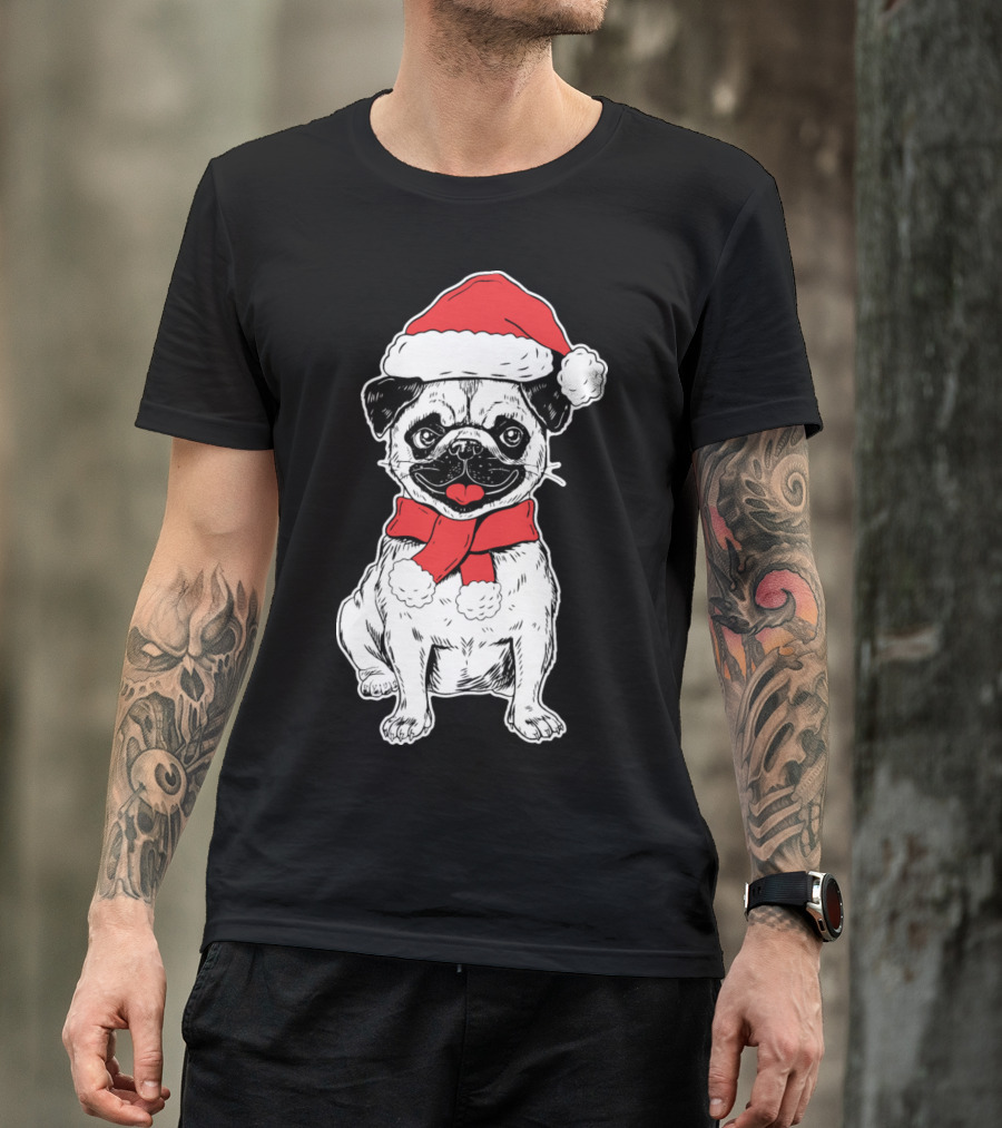 Pug Wearing Santa Hat And Scarf T-Shirt