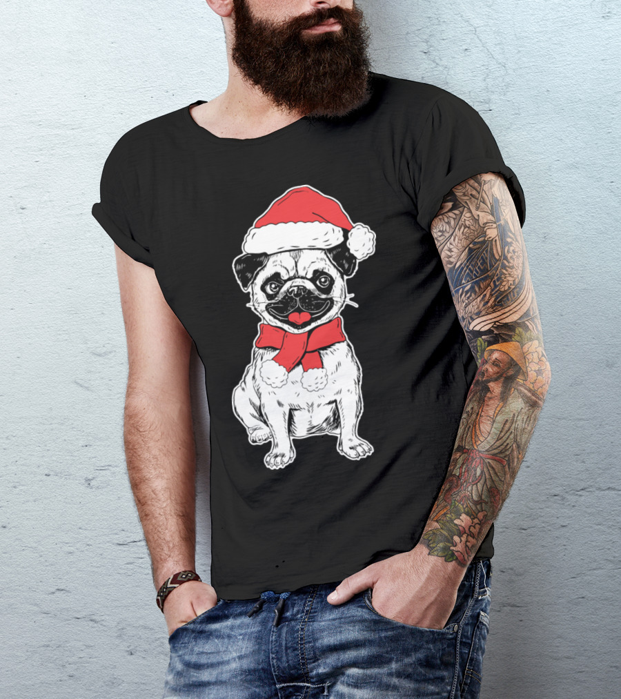 Pug Wearing Santa Hat And Scarf T-Shirt