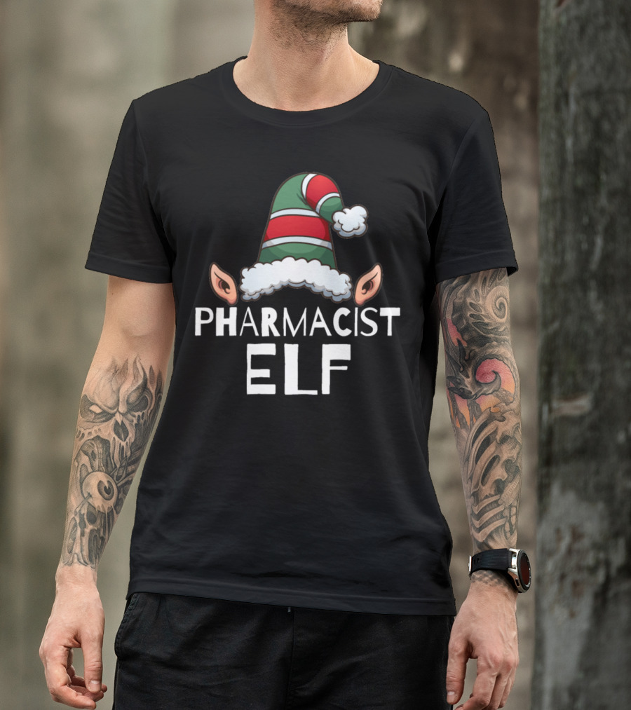Pharmacist Elf Christmas Holidays Xmas Elves Striped Hat And Ears T-Shirt