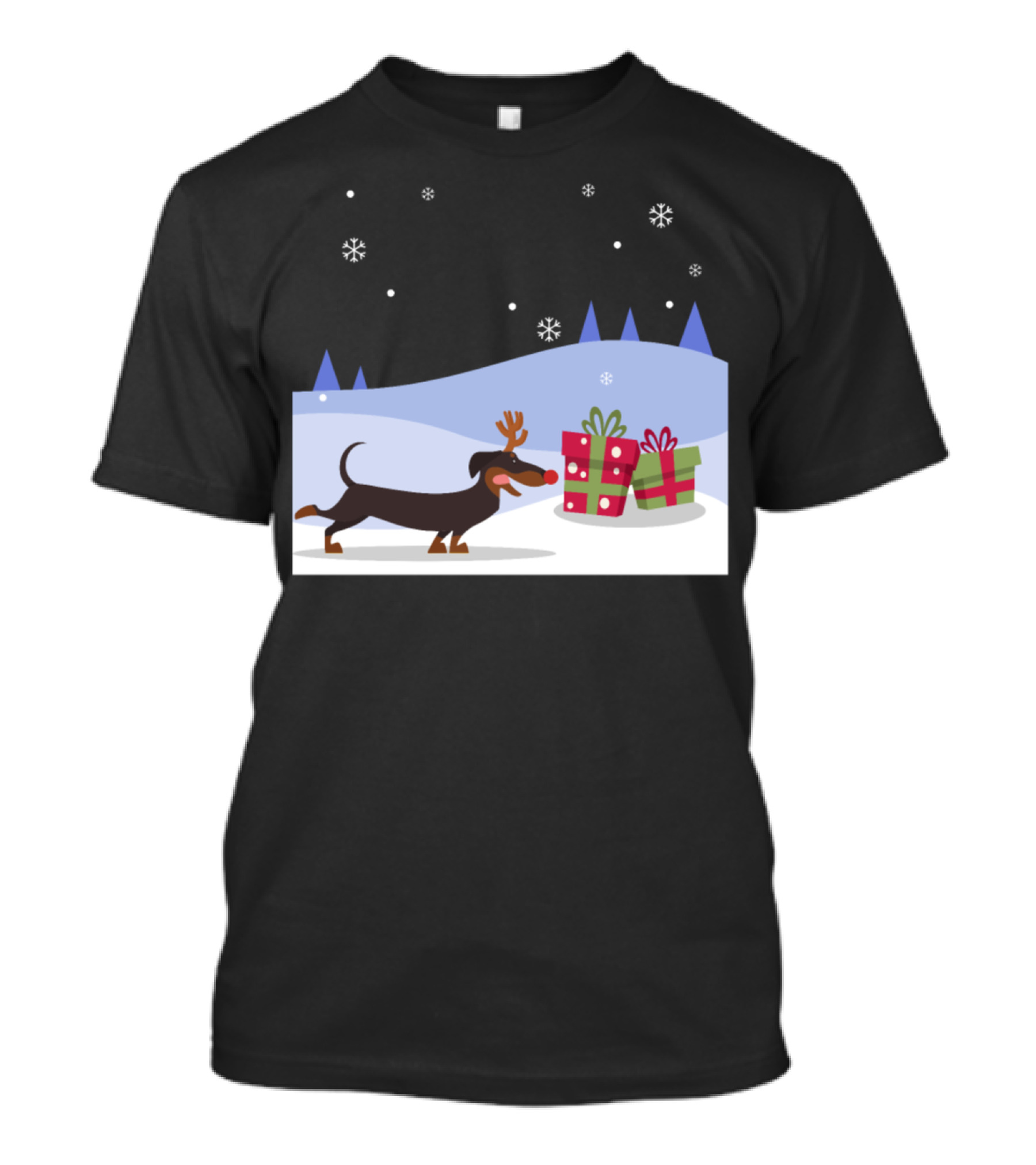 Reindeer Dachshund Dog With Antlers And Christmas Gifts In Snowy Scene T-Shirt