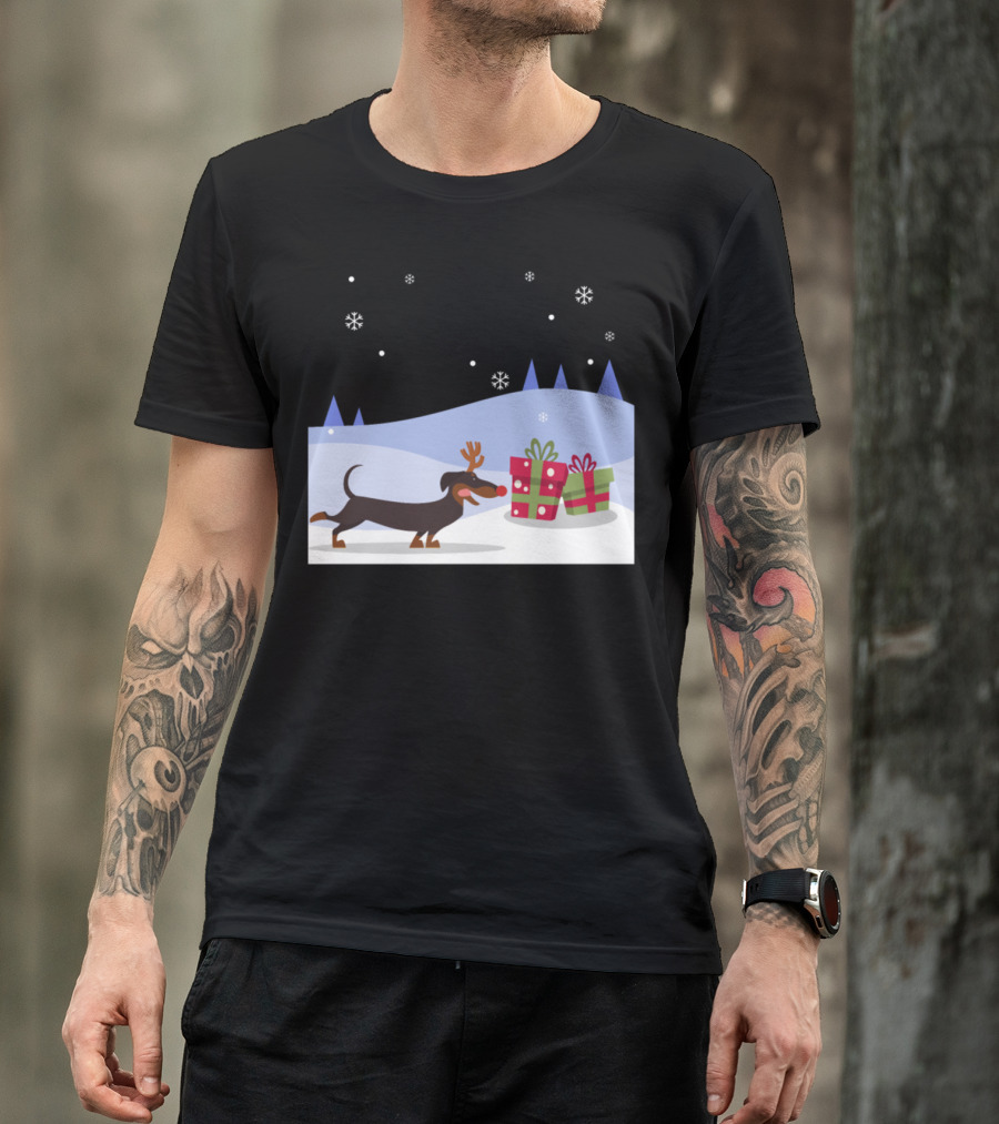 Reindeer Dachshund Dog With Antlers And Christmas Gifts In Snowy Scene T-Shirt
