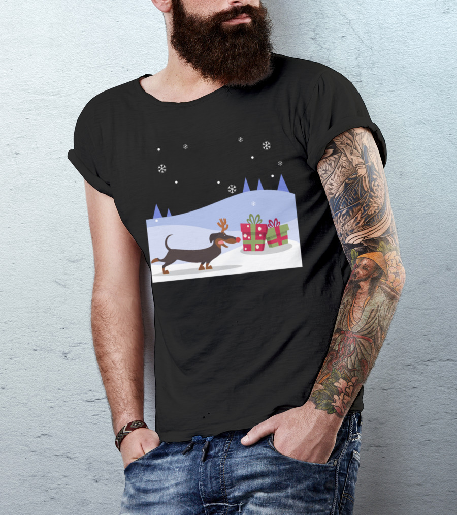 Reindeer Dachshund Dog With Antlers And Christmas Gifts In Snowy Scene T-Shirt