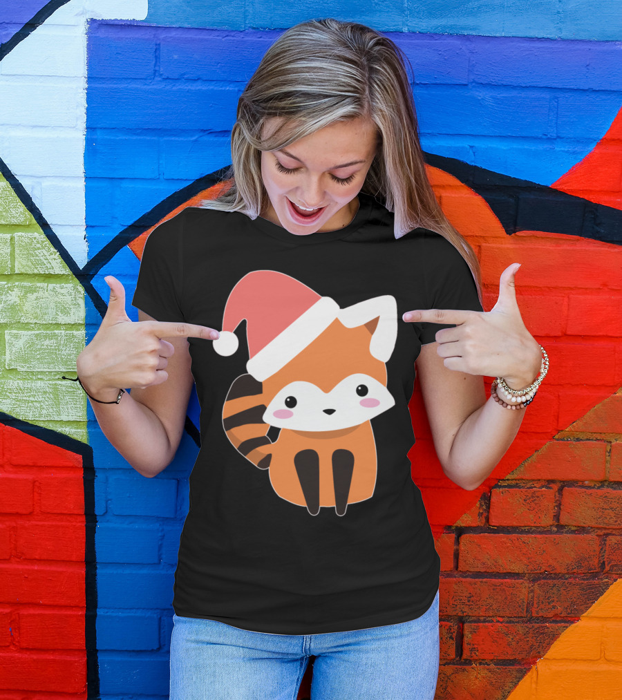 Red Panda Bear With Santa Hat Christmas T-Shirt