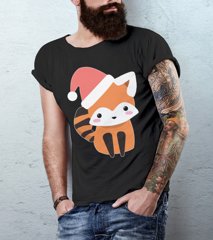 Red Panda Bear With Santa Hat Christmas T-Shirt