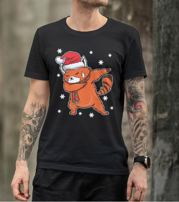 Red Panda Dabbing Santa Hat Scarf Snowflakes Christmas Present T-Shirt